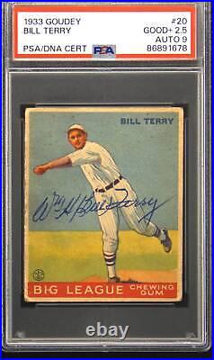 1933 Goudey #20 Bill Terry Autograph Autograde 9 PSA DNA 2.5
