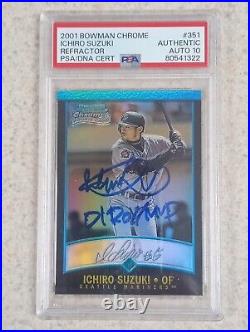 2001 Bowman Chrome Refractor #351 Ichiro Suzuki RC Rookie PSA/DNA 10 AUTO