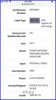 2017 Alvin Kamara Panini National Treasures Rookie Signatures /25 PSA 10 POP 1