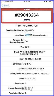 2017 Contenders Patrick Mahomes RC AUTO GOLD /17 ON CARD AUTOGRAPH PSA 10 Gem
