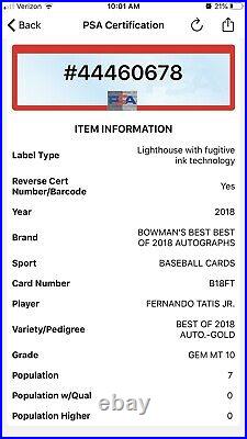 2018 Bowmans Best Fernando Tatis Jr RC AUTO GOLD REFRACTOR /50 ON CARD PSA 10