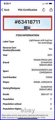 2021 Panini Prizm UFC Israel Adesanya Champion Signatures AUTO POP 2 PSA 10