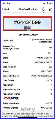2021 Panini Spectra Mac Jones RPA Neon Blue Rookie Patch Auto 4/50 PSA 9 POP 1
