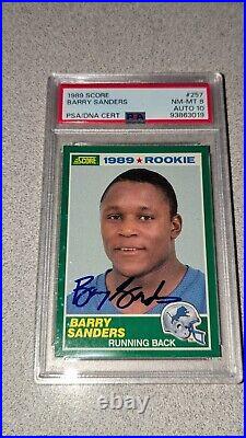 Barry Sanders Autographed 1989 Score Rookie Card Lions Psa 8 Gem 10 Auto Psa/dna