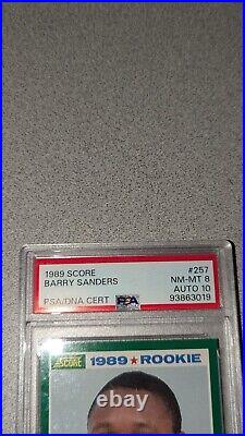 Barry Sanders Autographed 1989 Score Rookie Card Lions Psa 8 Gem 10 Auto Psa/dna