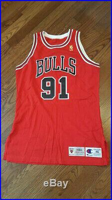 Dennis Rodman Chicago Bulls Champion Pro Cut Jersey Red Sz 46 Autograph Psa/dna