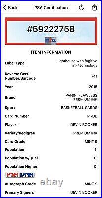 Devin Booker 2015 Panini Flawless Premium Ink Rookie On Card Auto /25 RC PSA 9