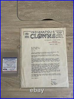 Indianapolis Clowns Letter Ed. Scott About Hank Aaron Signed Syd. Pollock. PSA