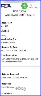 Kurt Cobain Nirvana Signed Autographed Personally Owned Book PSA/DNA
