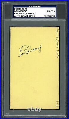 Lou Gehrig Autographed 3x5 Index Card Yankees Auto Grade Mint 9 PSA/DNA 83858618