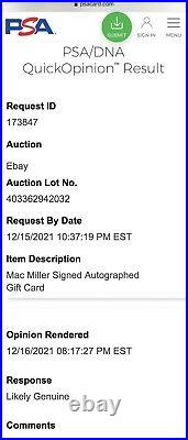 Mac Miller Signed Autographed Gift Card PSA/DNA