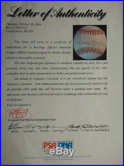 Mickey Mantle Psa/dna Certified Signed Official Al Baseball Autographed #b91281