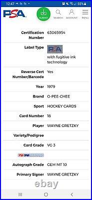 Wayne Gretzky Rookie Card auto psa 10 OPC (POP 4) gretzky rc o pee-chee 1979 #18